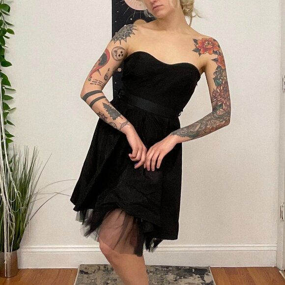 Y2K Vintage Strapless Mini Dress Sweetheart Neck Tie-Waist Size L Black - Picture 15 of 16